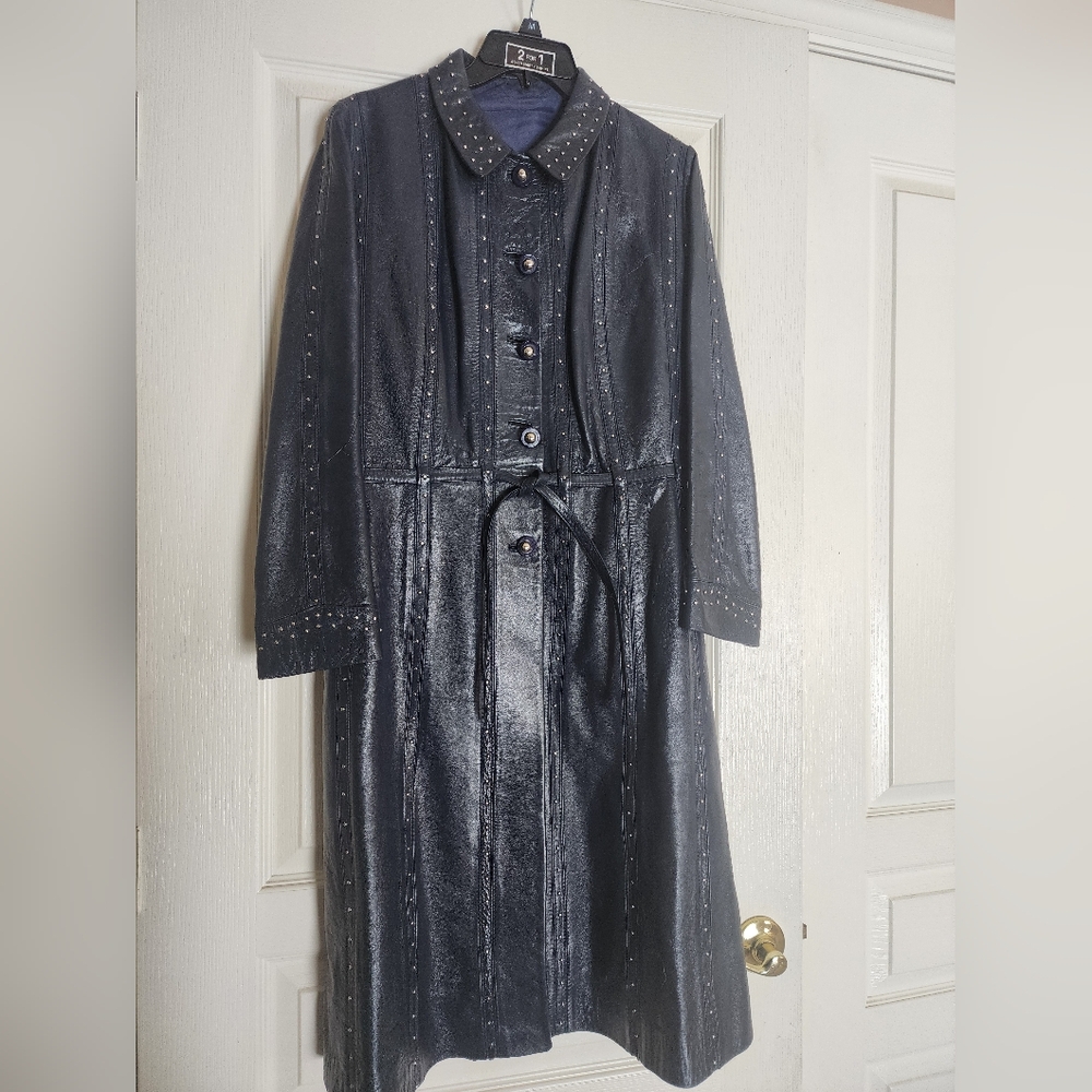 Chic Navy Blue, Gamolin Of Barcelona Vintage Leather Studded Women's Trench Coat